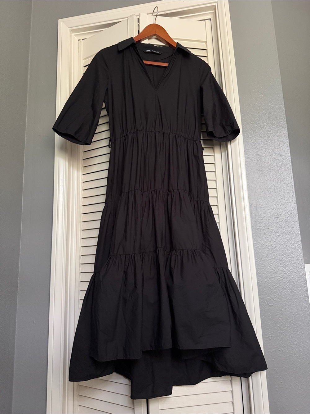Zara Black Tiered High-Low Collared Midi Dress